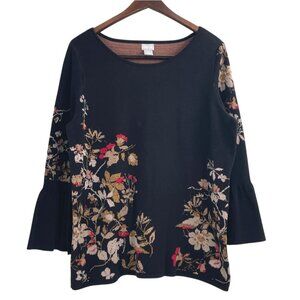 Chicos Womens Size L Floral Bell Sleeve Knit Top Black Metallic Boho Cottagecore